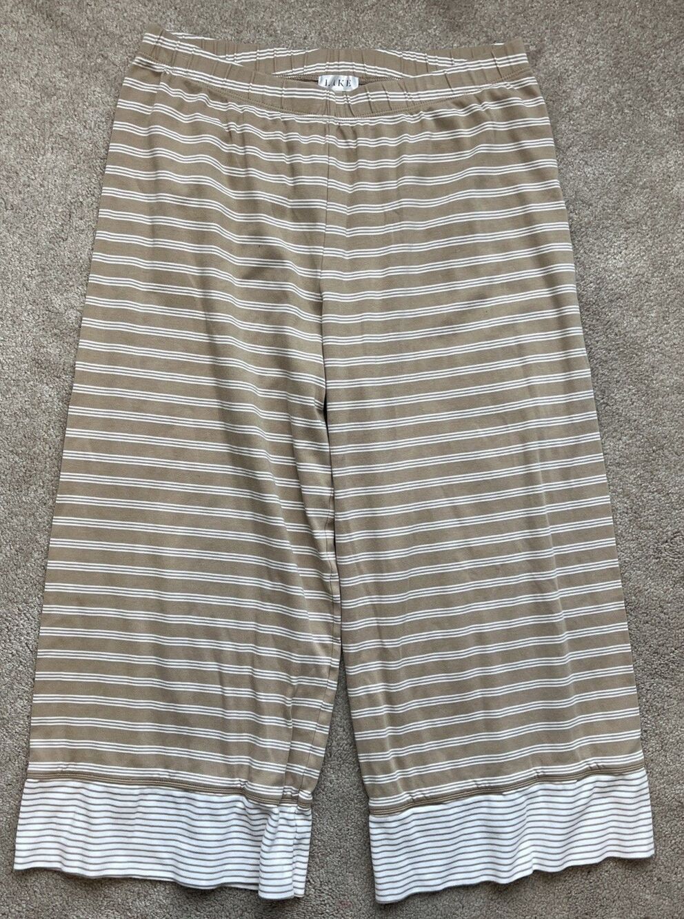 LAKE Capri Pajama Pants Womens Medium Tan White Striped Comfort Cozy Lounge Soft